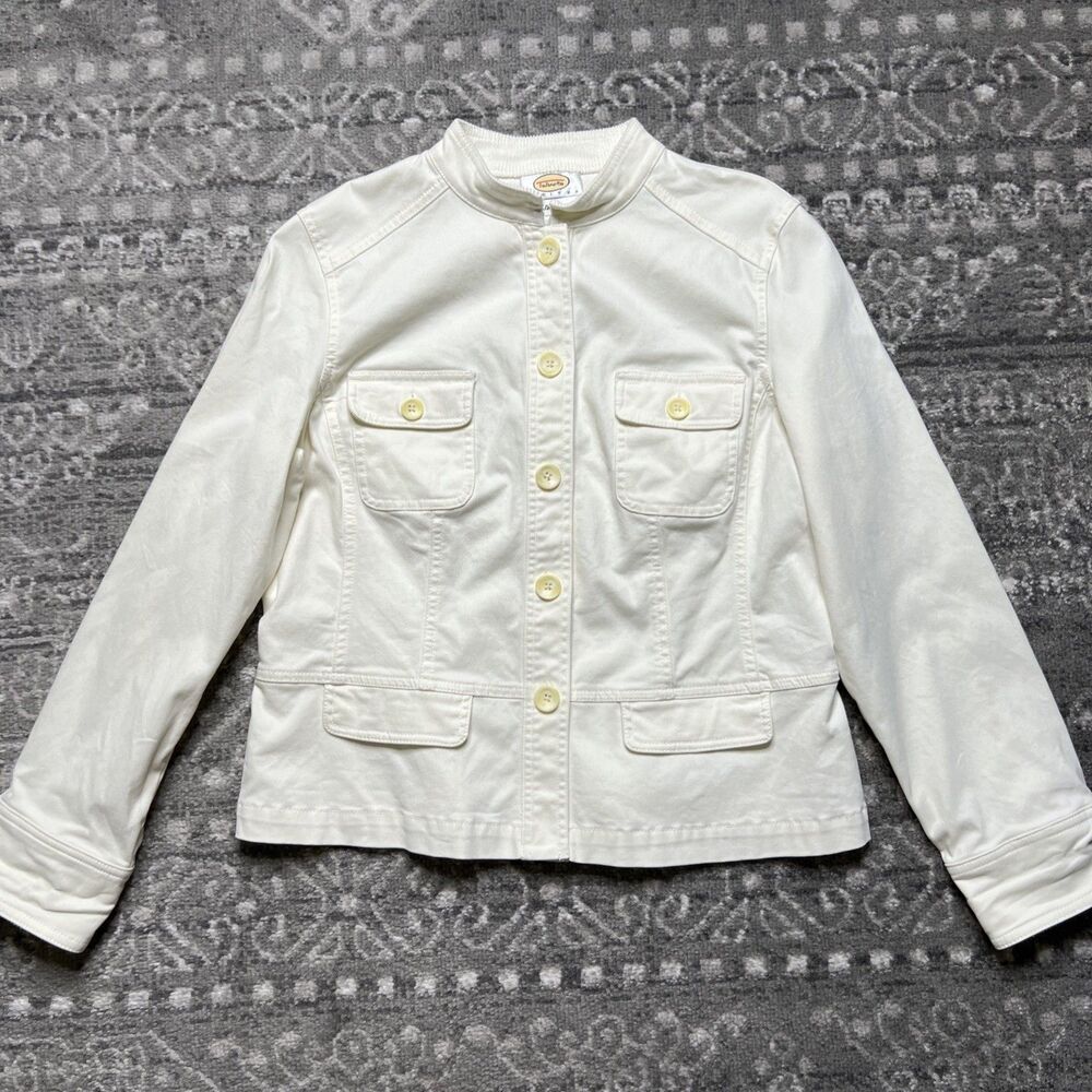 Talbots Petites Jacket Women’s 12P Ivory Pockets Button Up Stretch Cotton Lycra